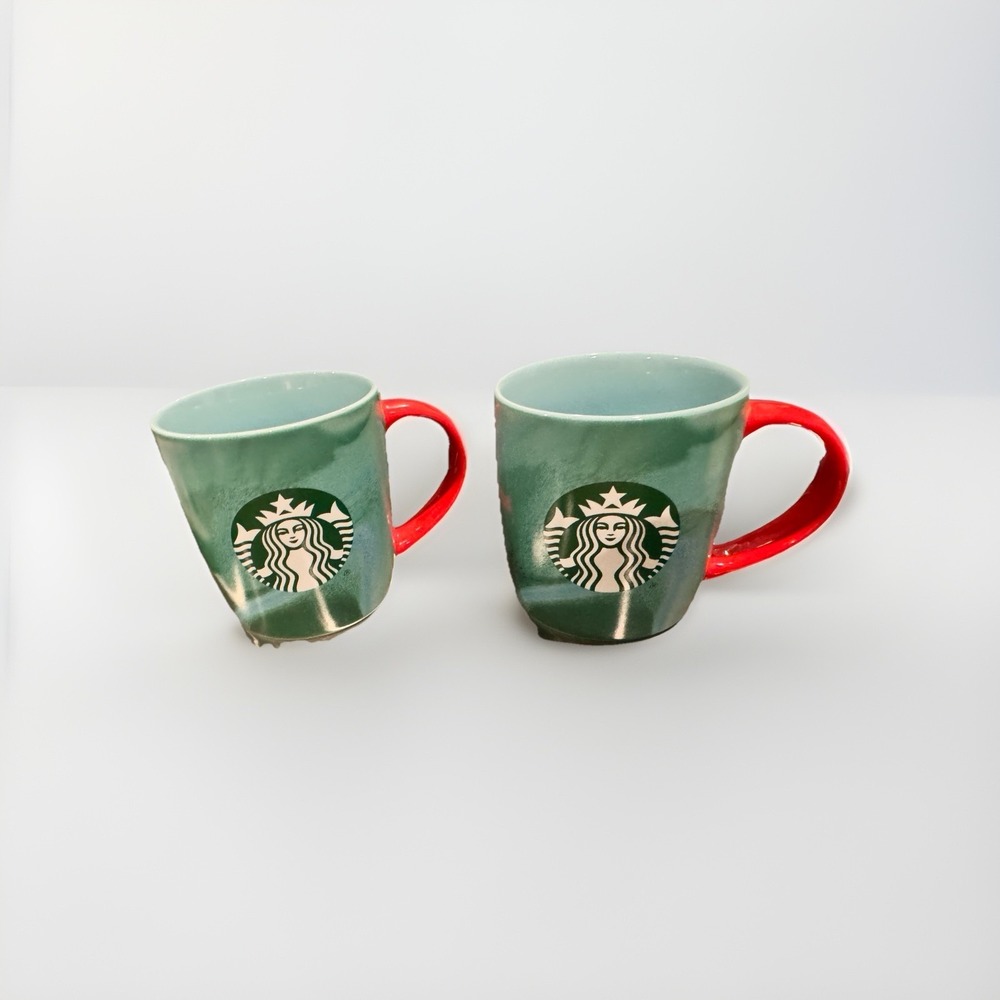 Set Of 2 Starbucks 2024 Holiday Mug Set Green Blue Ombré Swirl Red Handle 11oz